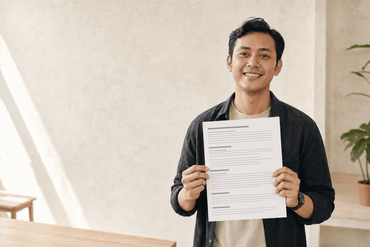 Pencari kerja memegang CV satu kolom setelah memperbaiki CV-nya