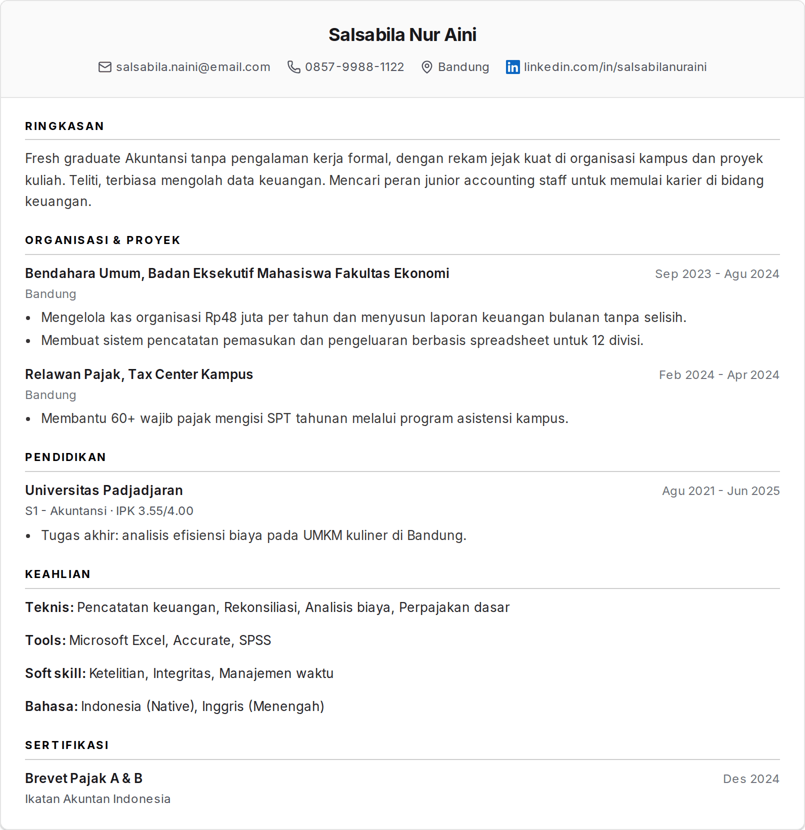 Contoh CV ATS Fresh Graduate Tanpa Pengalaman Kerja