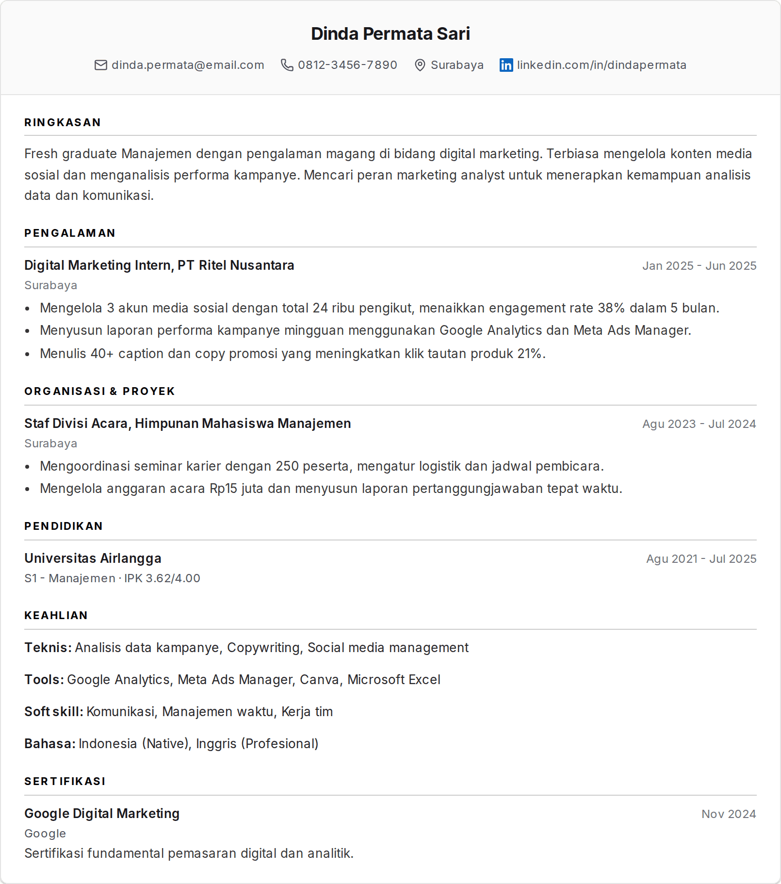 Contoh CV ATS Fresh Graduate yang Lolos Screening