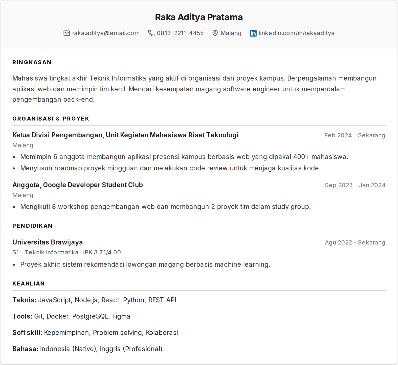 Contoh CV ATS Mahasiswa untuk Lamaran Magang