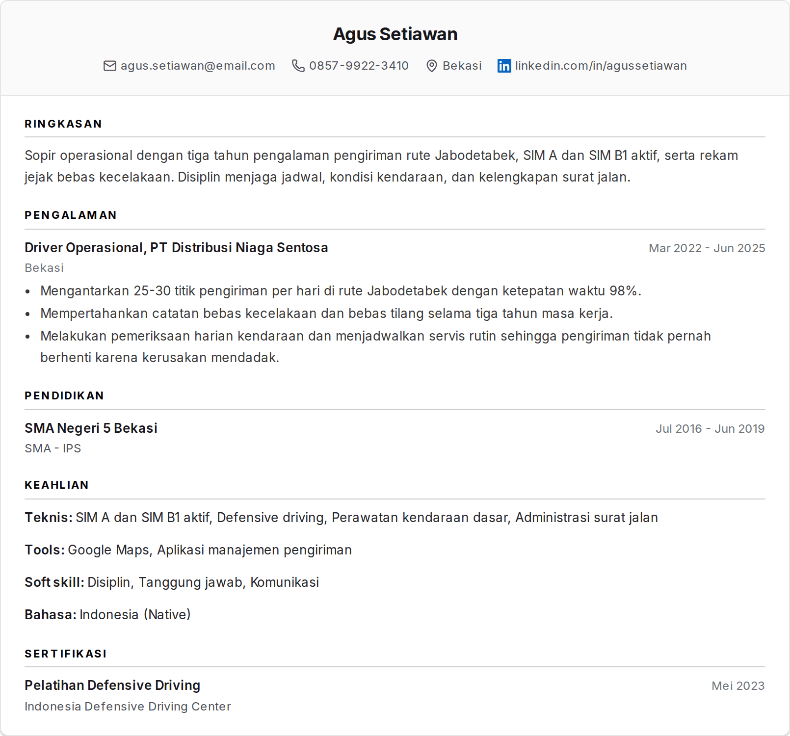 Contoh CV Driver dan Sopir ATS Friendly