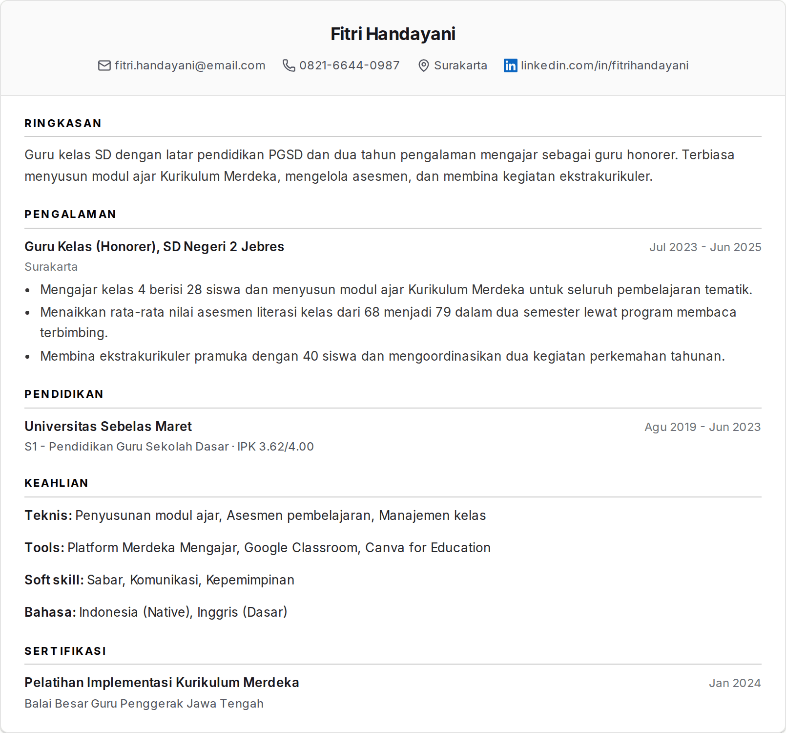 Contoh CV Guru untuk Lamaran Kerja