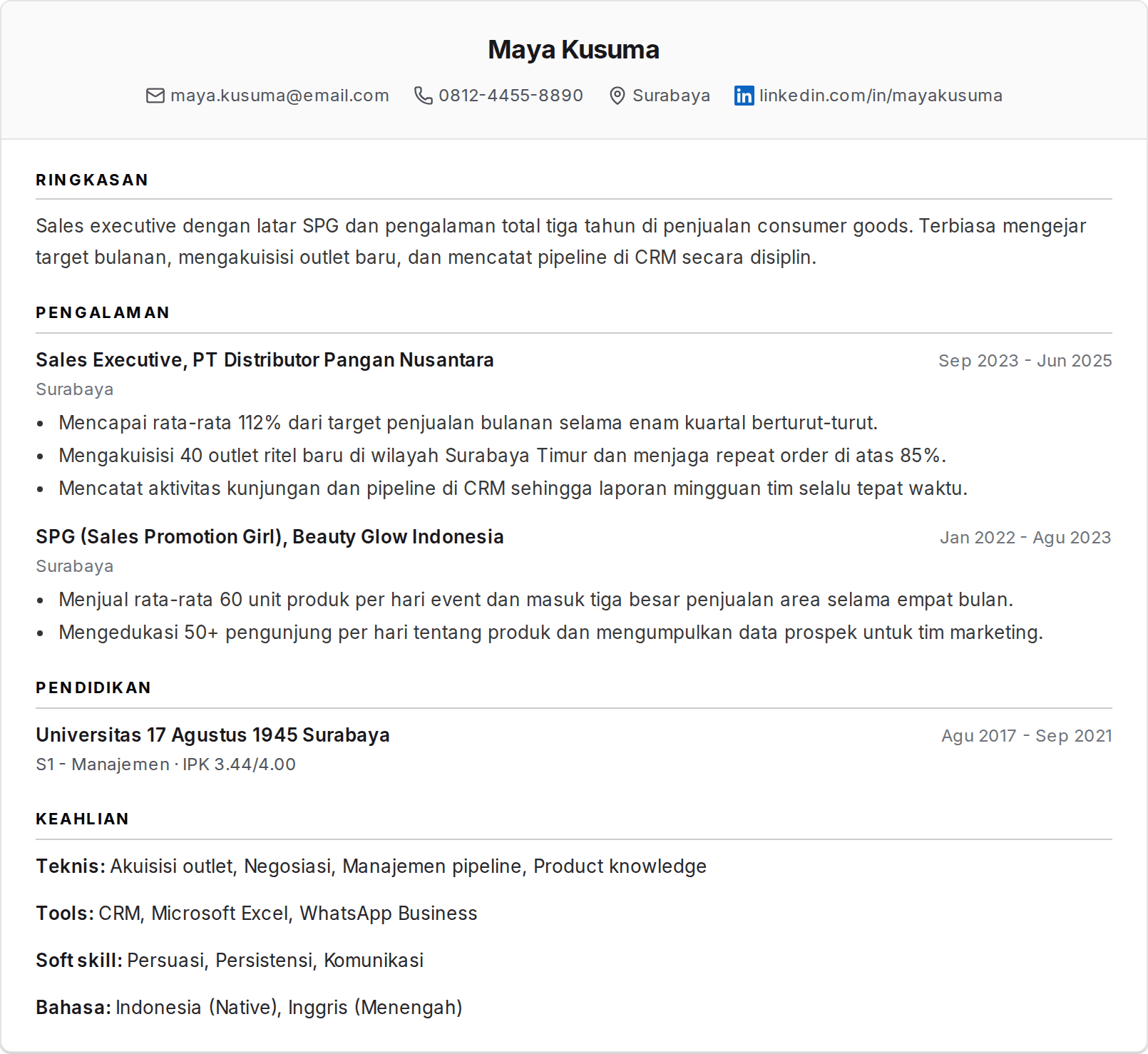 Contoh CV Sales Marketing dan SPG ATS Friendly