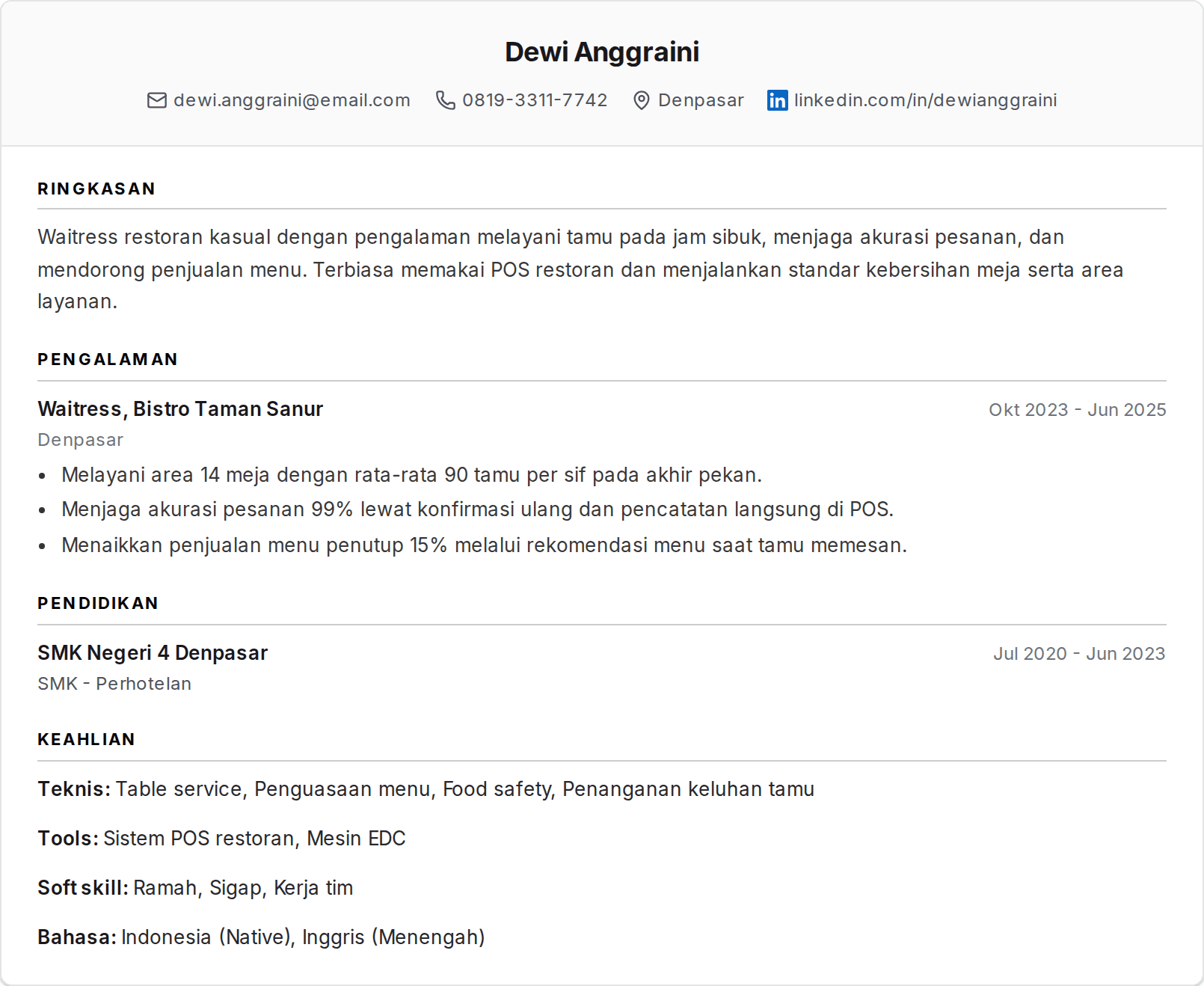 Contoh CV Waiter dan Waitress ATS Friendly