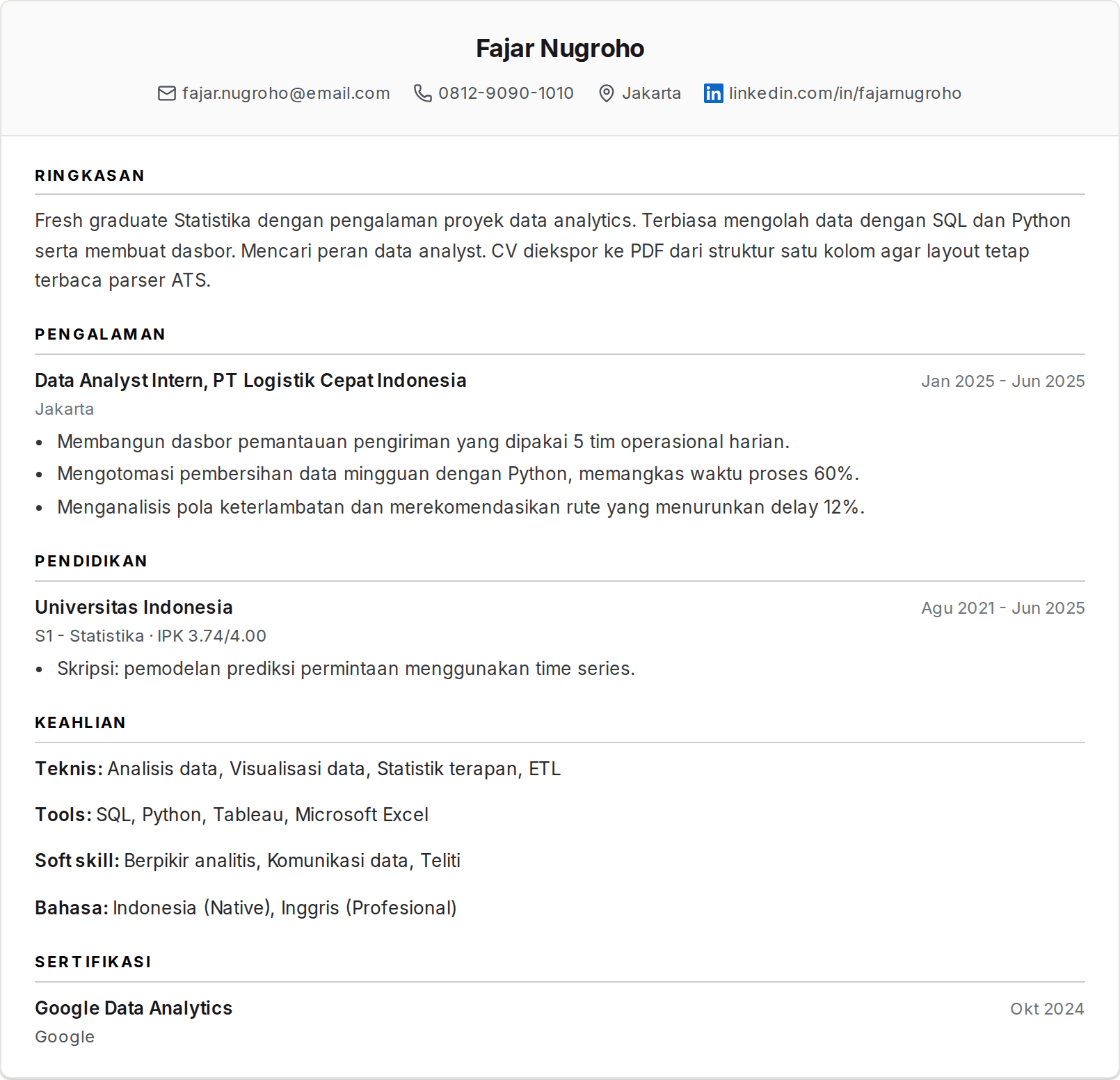 Format CV ATS dalam PDF