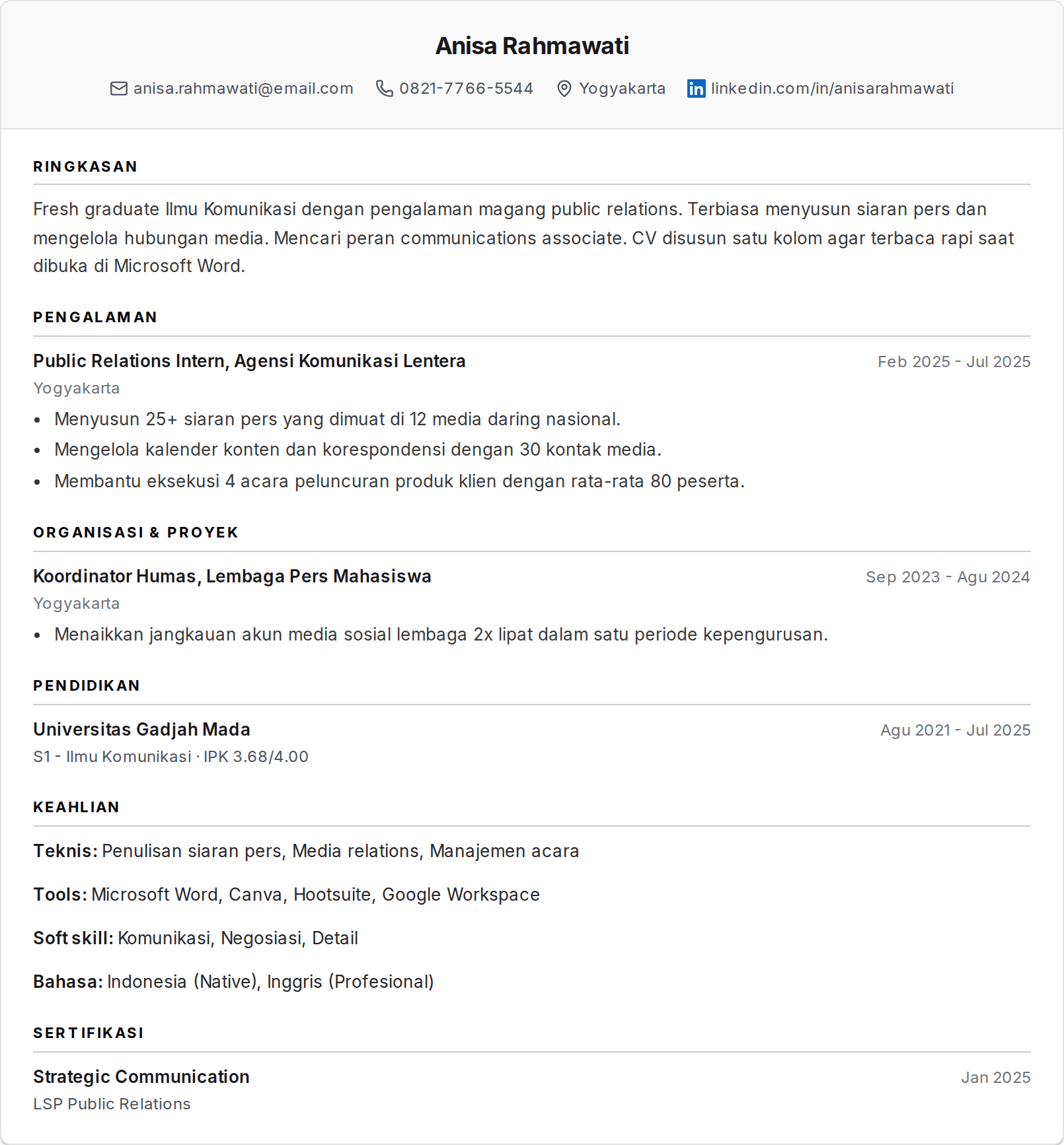 Format CV ATS di Microsoft Word (.docx)