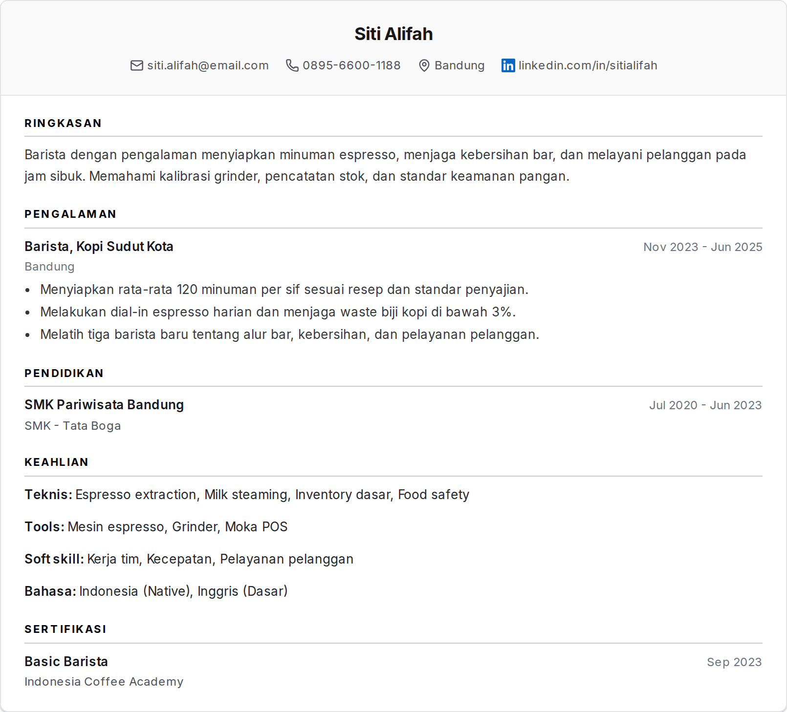 Contoh CV Barista ATS Friendly