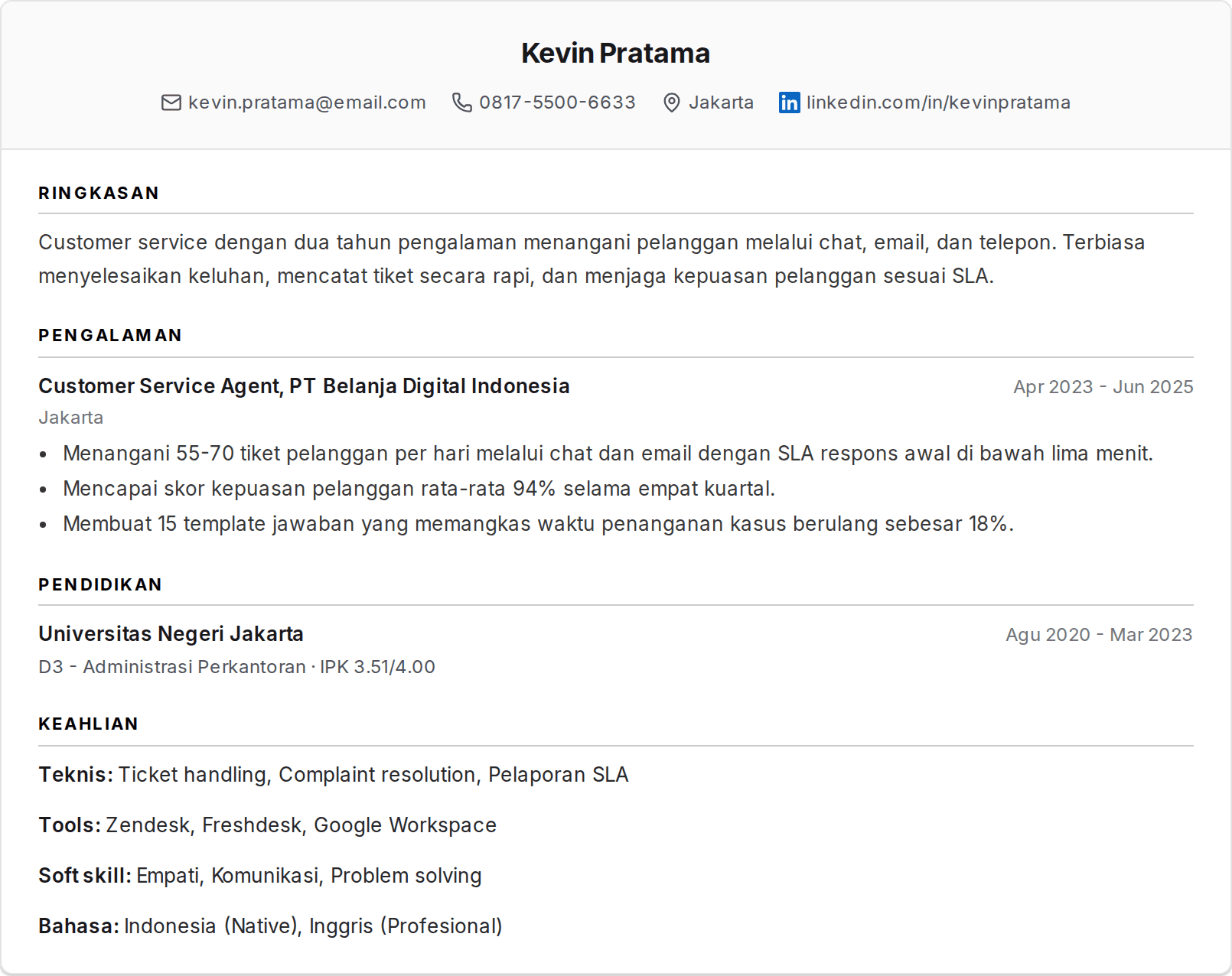 Contoh CV Customer Service ATS Friendly