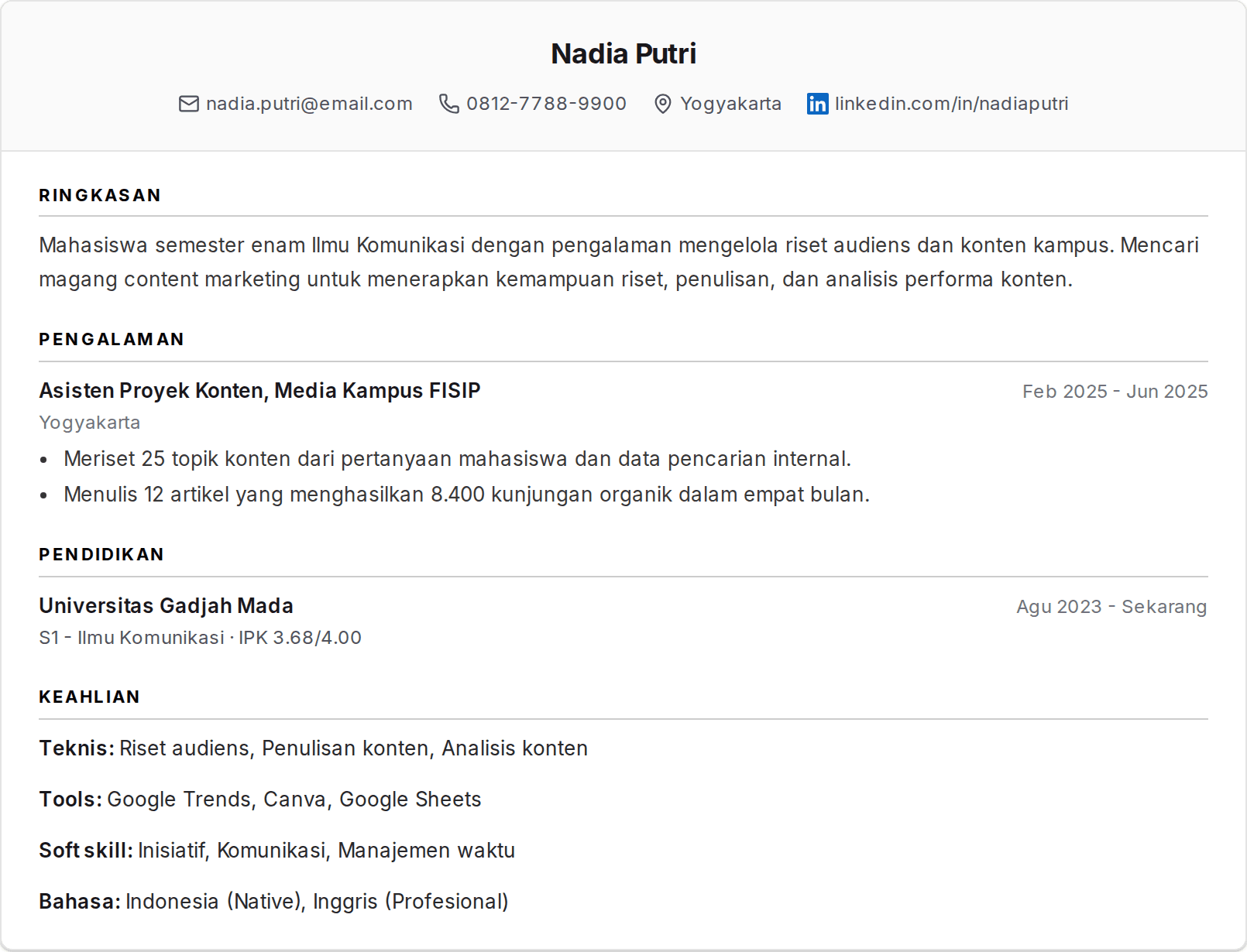 Contoh CV Magang Mahasiswa yang ATS Friendly